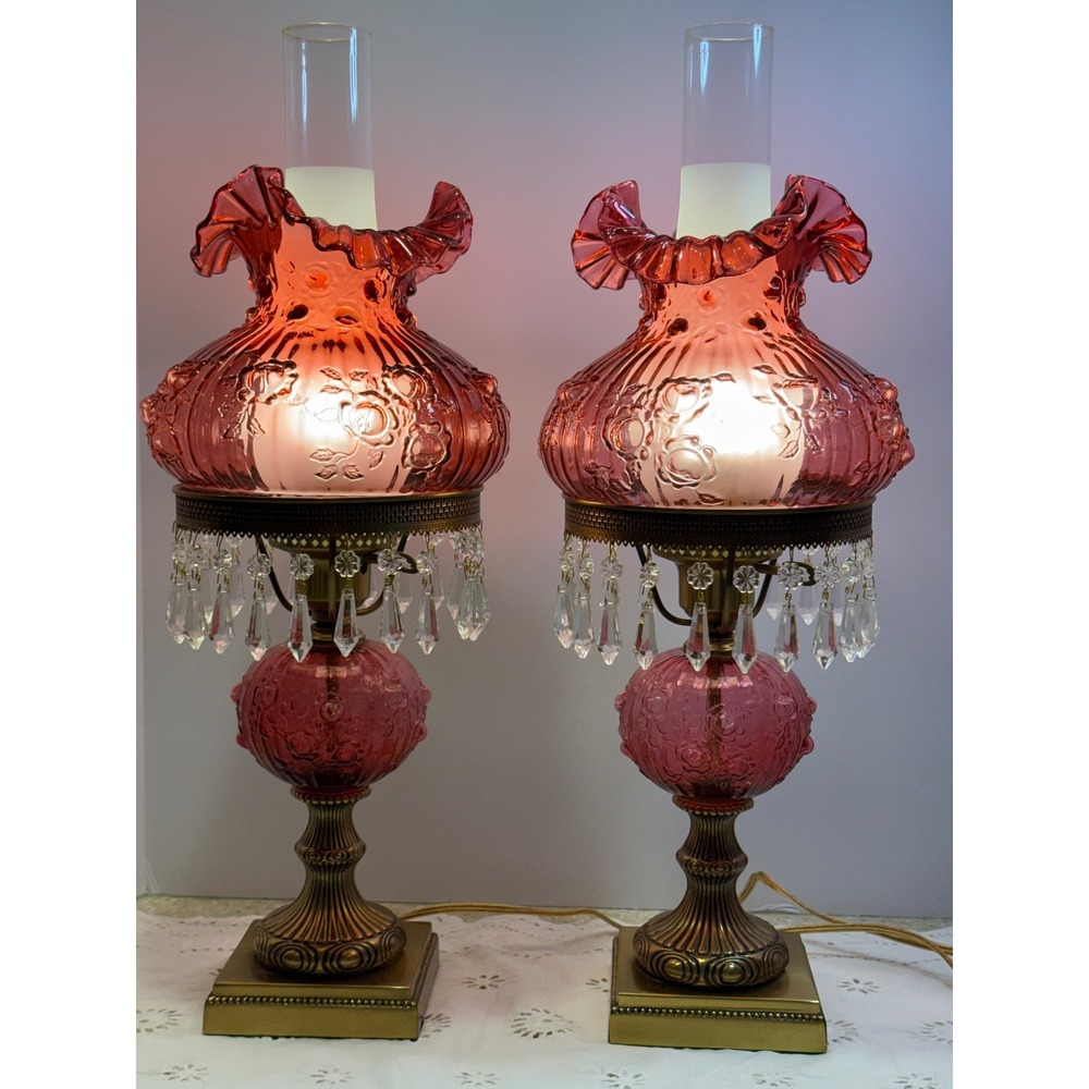 Fenton Cabbage Rose Cranberry Glass Hurricane Lamps Crystal Prisms Pair 18.5"